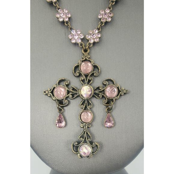 Vintage Nicky Butler Pink Moonstone Bronzetone Cross Statement Necklace in Box - Picture 11 of 12